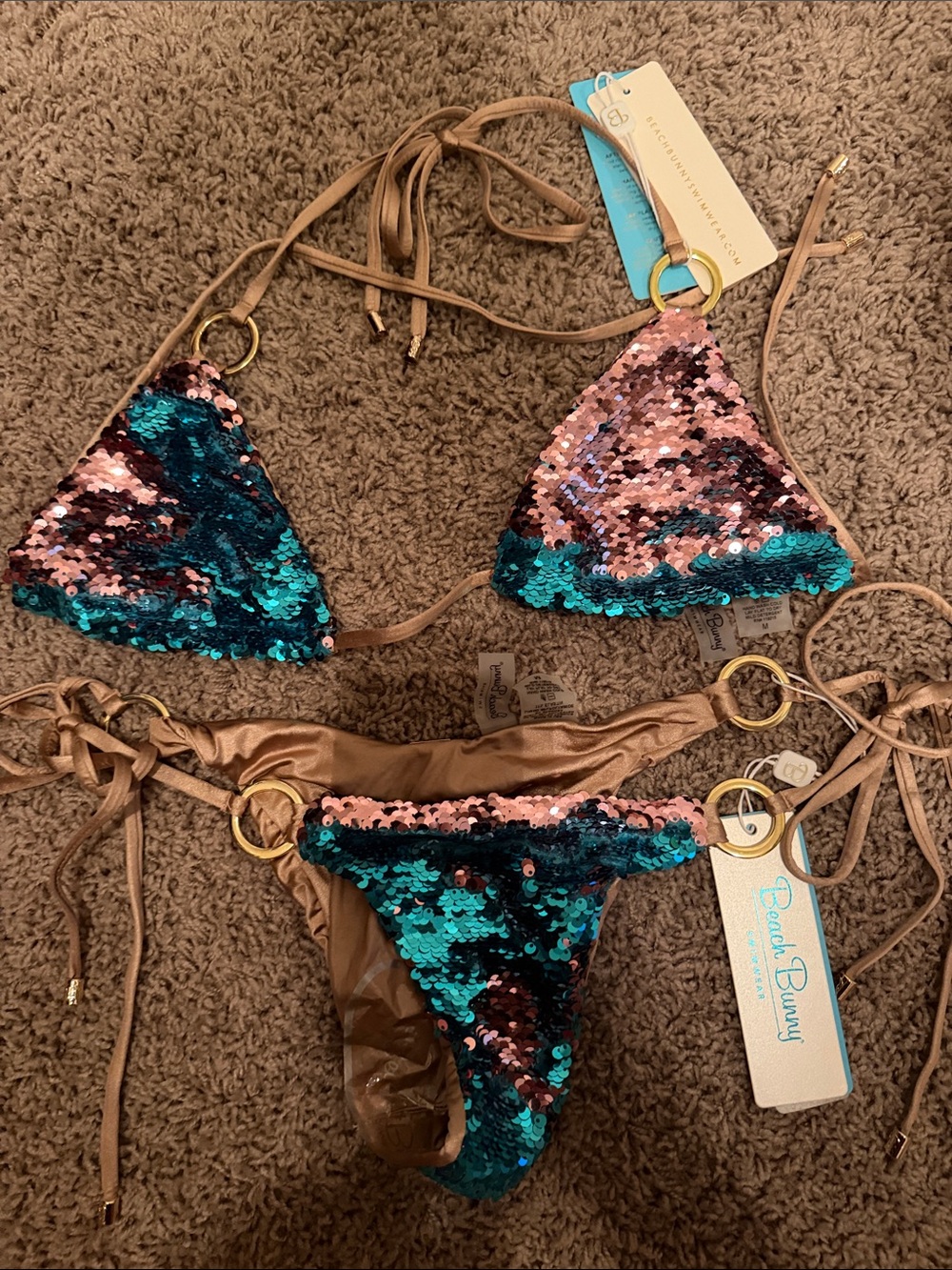 Beach Bunny Teal and Pink Sequin Triangle Bikini